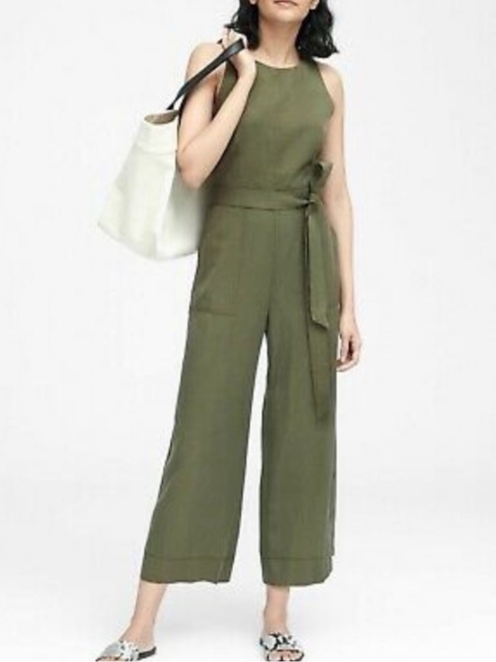 EUC Banana Republic Olive Sleeveless Wide-Leg Jumpsuit with Tie Waist